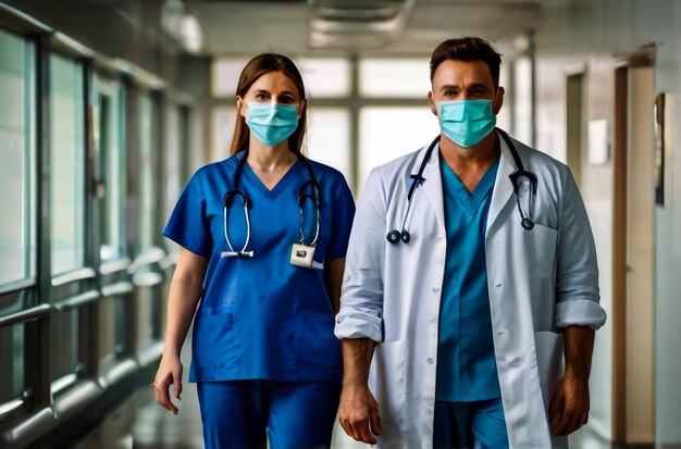 Foto estudiantes de medicina caucásicos llevan uniforme en el pasillo de una clínica moderna retrato de médicos en una misión de atención médica