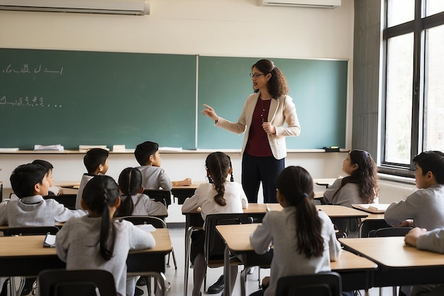 Los estudiantes menores de la clase escriben en cuadernos las tareas dictadas por la maestra y el maestro