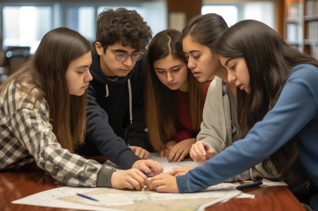 Estudiantes mirando un mapa sobre una mesa