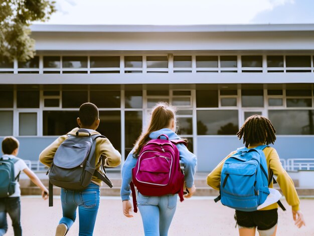 Foto estudiantes con mochilas que van a la escuela concepto de regreso a la escuela generado por la ia