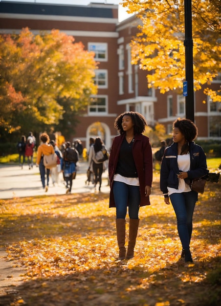 Estudiantes negros en el campus de la universidad edificios de la temporada de otoño Lógico del campus CFU