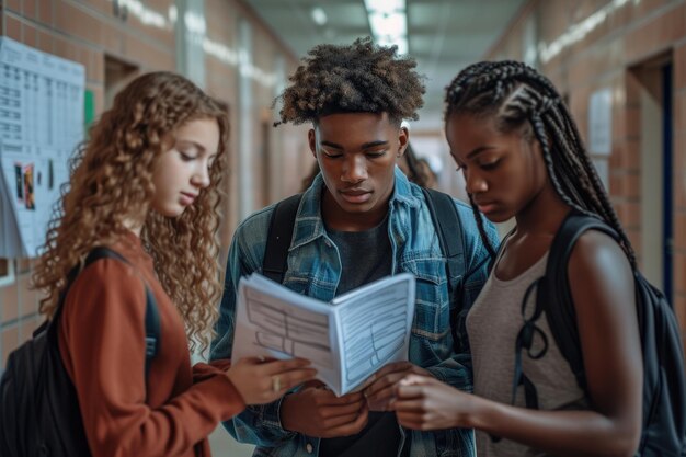 Estudiantes negros en la escuela secundaria revisando las notas de la conferencia Generative Ai