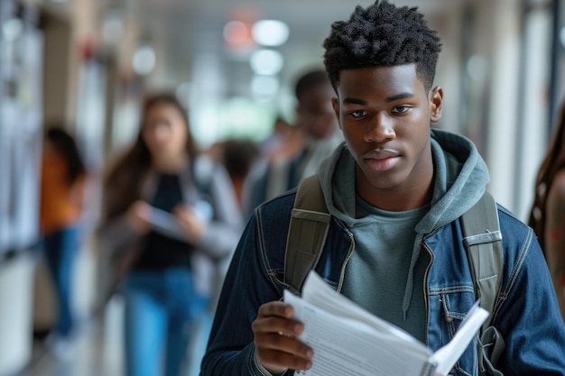 Estudiantes negros en la escuela secundaria revisando las notas de la conferencia Generative Ai