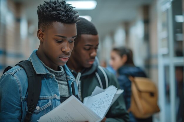 Estudiantes negros en la escuela secundaria revisando las notas de la conferencia Generative Ai