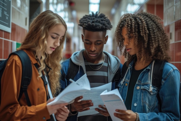 Estudiantes negros en la escuela secundaria revisando las notas de la conferencia Generative Ai
