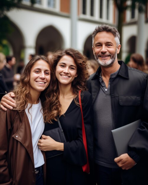 Foto estudiantes orgullosos graduados celebran el éxito con sus padres