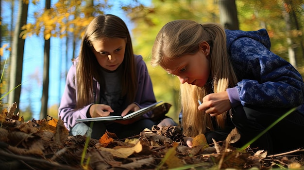 Foto los estudiantes participan en estudios ambientales al aire libre donde investigan sistemas ecológicos de biodiversidad y prácticas sostenibles mientras están rodeados de la belleza de la naturaleza generado por ia