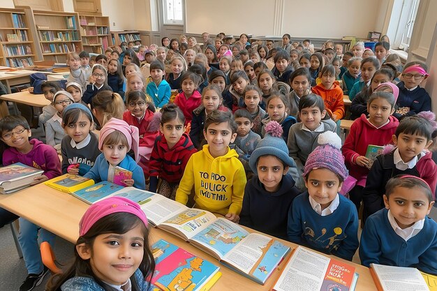 Foto estudiantes de pie en una biblioteca con un libro en la biblioteca en el día mundial del libro