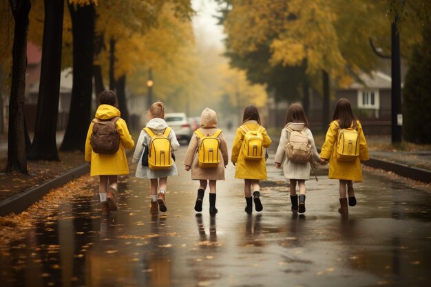 Estudiantes de primaria caminando escuela después de la lluvia Educación de personas Generar Ai