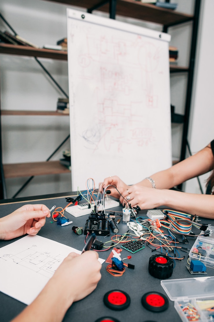 Foto estudiantes que conectan componentes eléctricos de acuerdo con el diagrama de cableado en la pizarra para obtener una construcción de hormigón