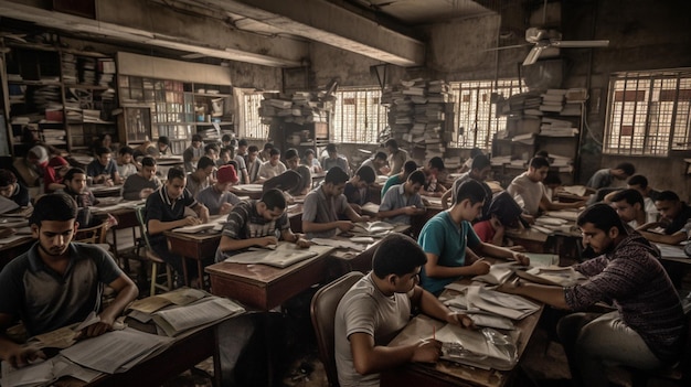 Estudiantes que estudian en un salón de clases con estanterías en el fondo