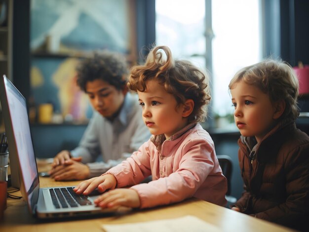 Foto estudiantes que usan computadoras en el aula