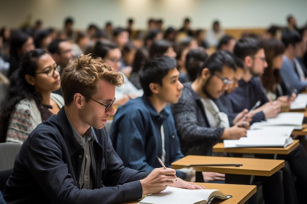 Estudiantes en una sala de conferencias con uno de ellos sosteniendo un papel con las palabras " libre " en él.