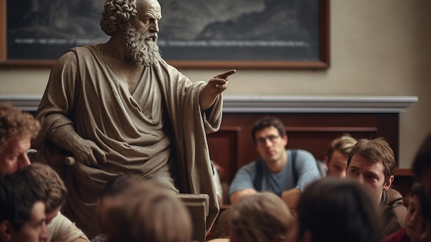 Estudiantes en un salón de clases con una estatua de un anciano