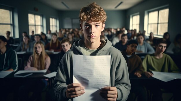 Foto estudiantes de secundaria preparándose para el examen en clase sentados en sus escritorios y escribiendo notas