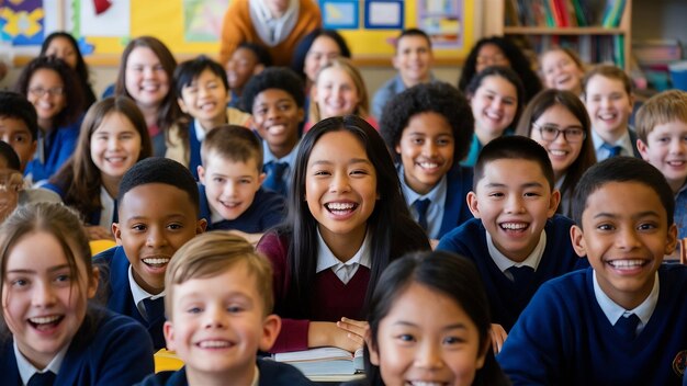 Estudiantes sonrientes en una fila