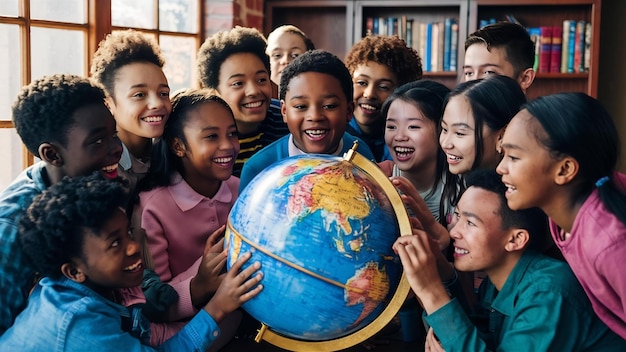 Estudiantes sonrientes mirando el globo