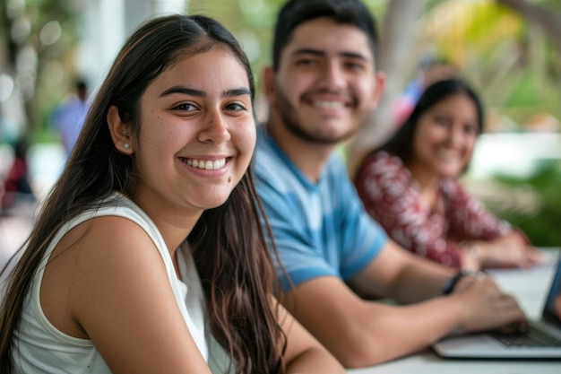 Estudiantes sonrientes sentados en un aula con computadoras portátiles ocupados en el aprendizaje y disfrutando de su tiempo de estudio juntos