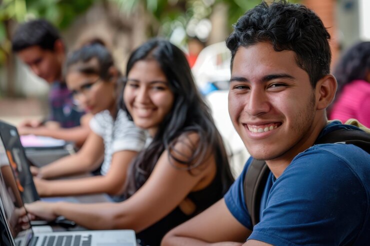 Estudiantes sonrientes sentados en un aula con computadoras portátiles ocupados en el aprendizaje y disfrutando de su tiempo de estudio juntos