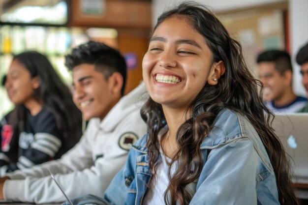 Estudiantes sonrientes sentados en un aula con computadoras portátiles ocupados en el aprendizaje y disfrutando de su tiempo de estudio juntos