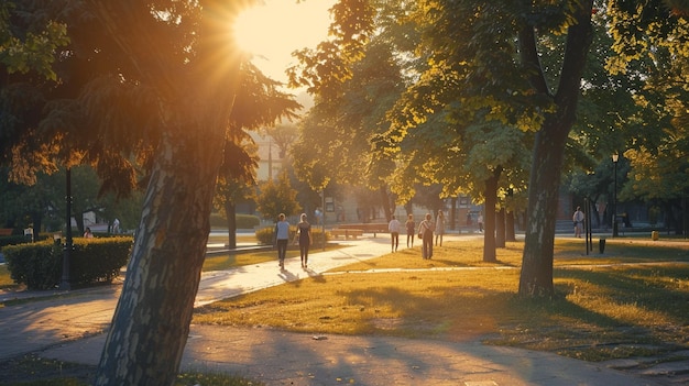 Estudiantes de Sunset en el campus de la universidad caminando por los árboles de la acera