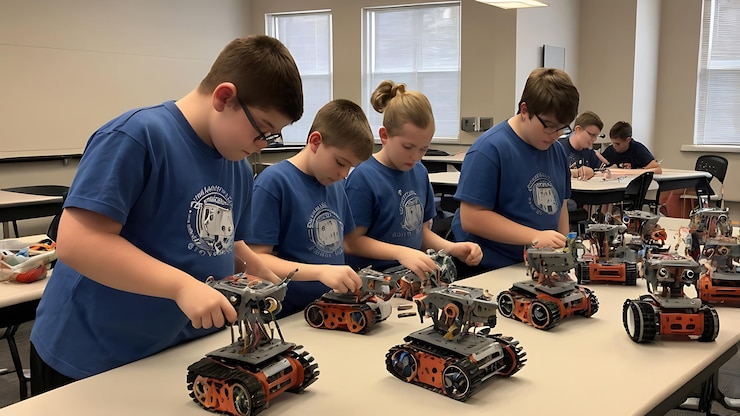 Foto estudiantes del taller stem construyendo robots