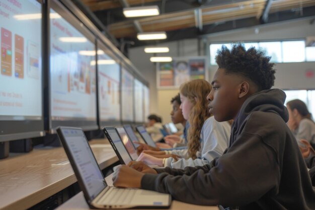 Estudiantes trabajando en computadoras portátiles en un aula moderna