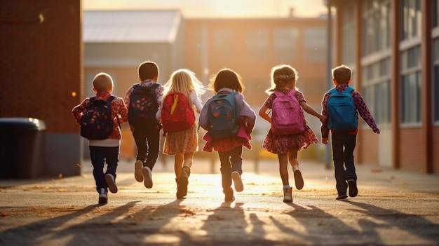 Estudiantes yendo a la escuela con la bolsa un grupo de niños yendo a las escuelas niños yando a las escuelas