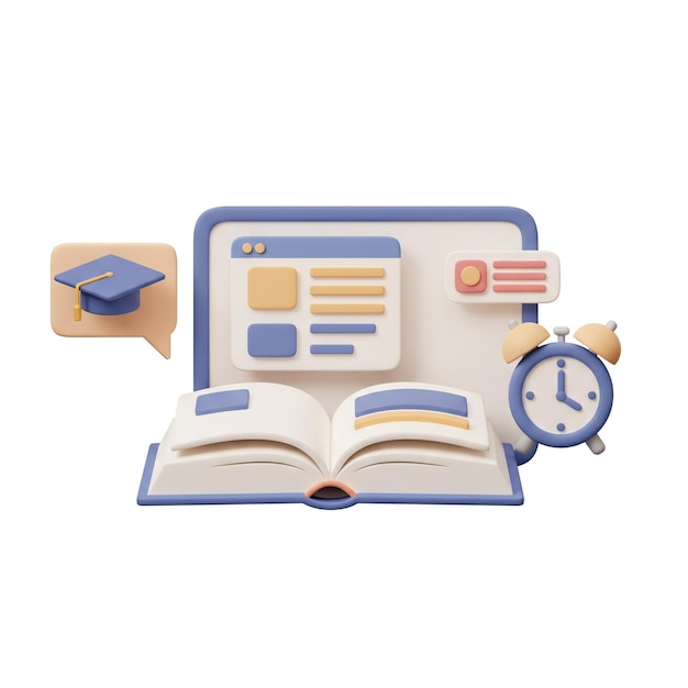 Estudiar el concepto en línea con el sitio web de Graduation Cap Book y el reloj despertador