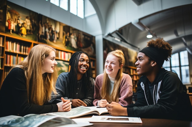 Estudiar y hablar Grupo de estudiantes jóvenes y diversos Ai generativo