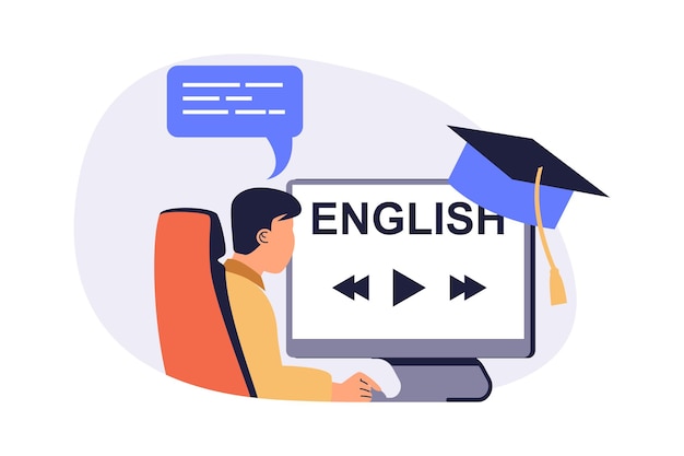 Estudiar idiomas extranjeros en línea concepto web con personas de dibujos animados planos para el diseño de sitios web Hombre aprendiendo inglés con un curso de Internet viendo videos en la computadora obtiene vocabulario ilustración vectorial