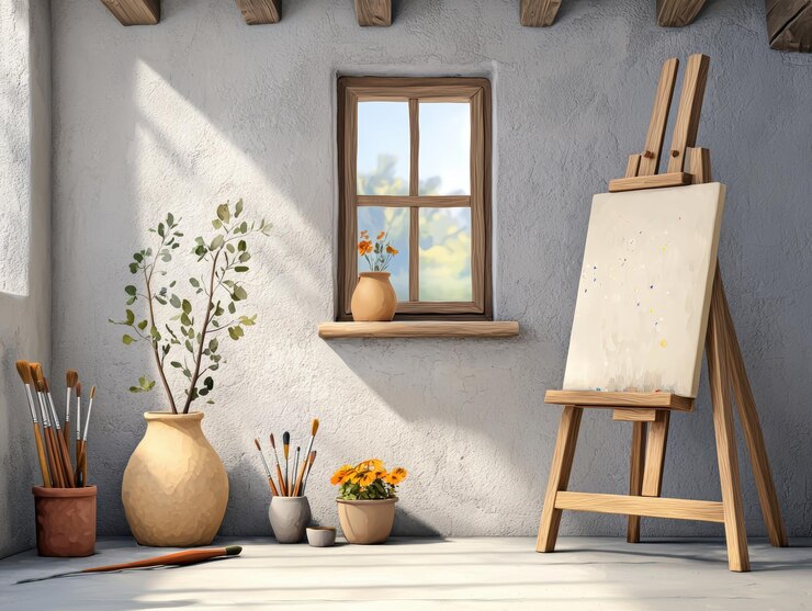 Estudio de artista con caballete y plantas