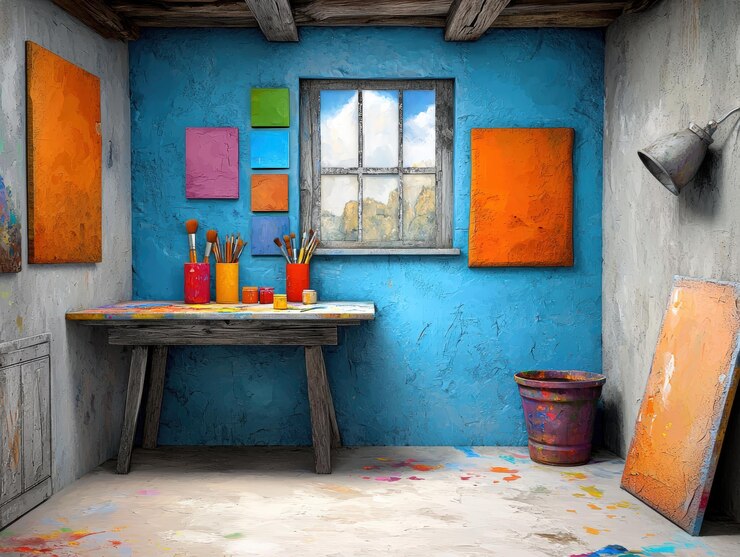 Estudio de artista colorido con suministros de pintura vibrante
