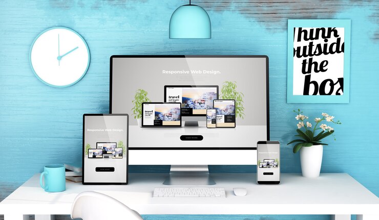 Foto estúdio azul com web design responsivo em dispositivos simulando renderização em 3d