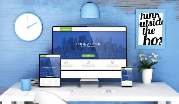 Estúdio azul com web moderna responsiva em dispositivos