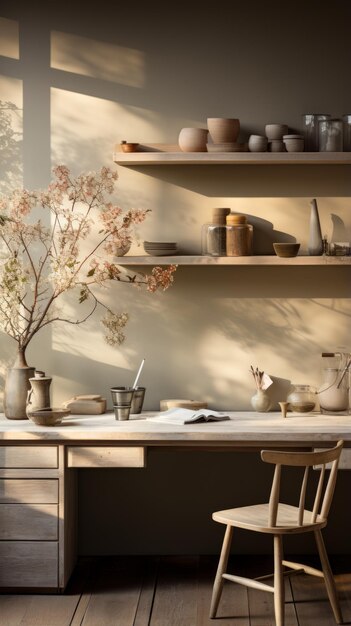 Un estudio de ceramistas con grandes estantes de mesa de madera llenos de cerámica y un jarrón de flores de cerezo