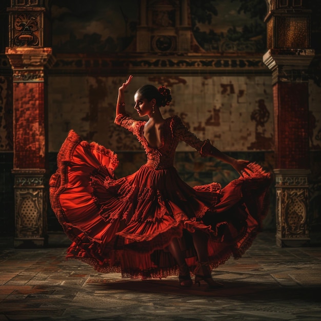 Foto estúdio de dança flamenco espanhola atmosférica mulher de vestuário vermelho dançando