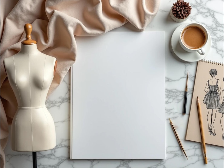 Foto estúdio de design de moda com esboço de manequim e café
