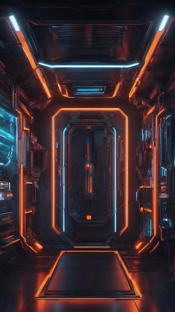 Estúdio de ficção científica futurista sala escura na estação espacial com luzes de néon brilhantes de fundo
