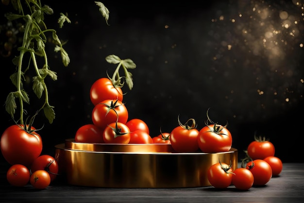 Estúdio de fundo redondo de pódio dourado com tomates de alta qualidade