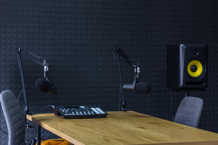 Foto estúdio de gravação de podcast com microfones e equalizador para gravação de transmissões de rádio online com parede preta à prova de som