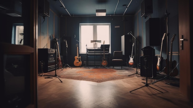 Foto estúdio de gravação uma sala à prova de som equipada com ia gerada
