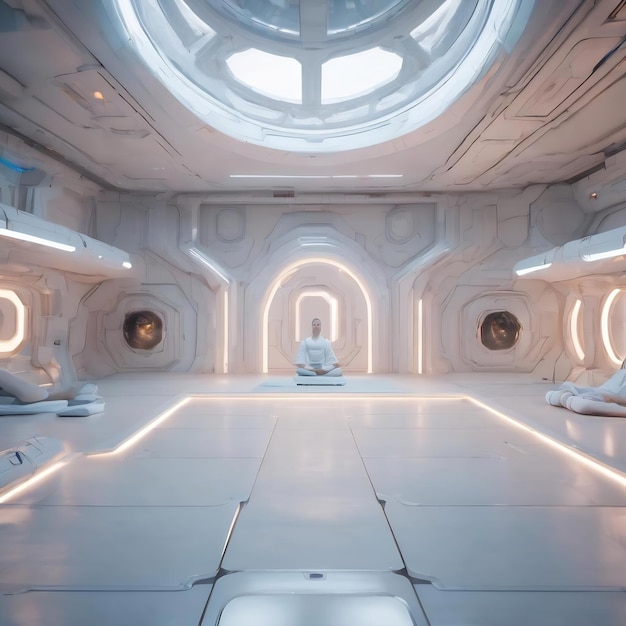 Foto estúdio de ioga futurista ambiente dojo a bordo de uma nave espacial espaço templo branco puro