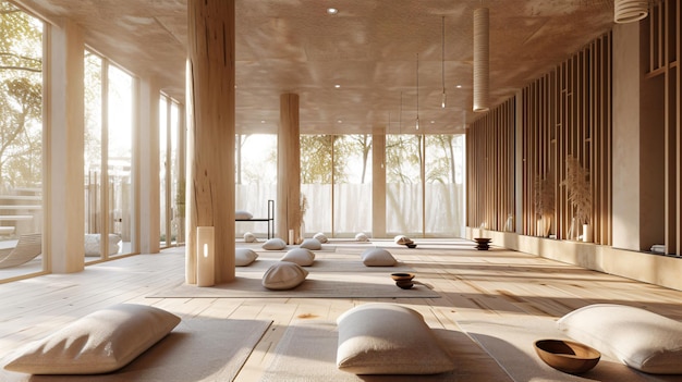 Estúdio de ioga sereno com elementos naturais calmantes e cores tranquilas que promovem a atenção plena e o relaxamento