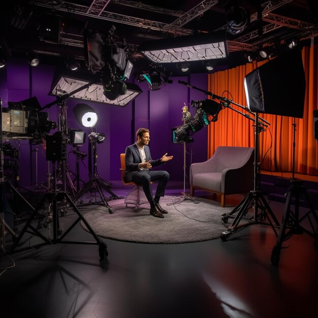 Foto estúdio de notícias e sala de filmagem com aparelho de gravação