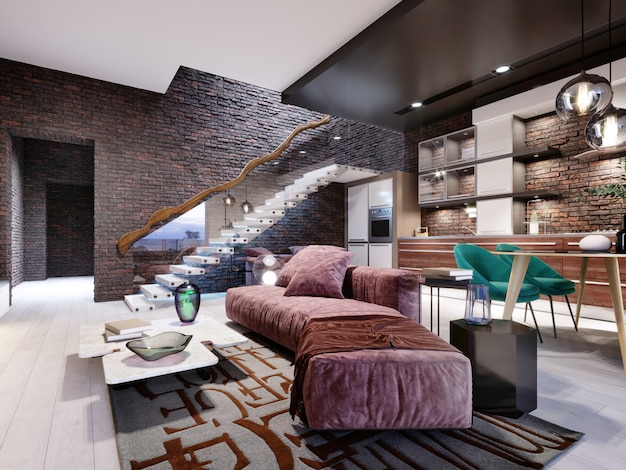 Estudio de diseño tipo loft con escalera y pared de ladrillo oscuro. Sala de estar con muebles tapizados en color burdeos y una cocina moderna. Representación 3D.