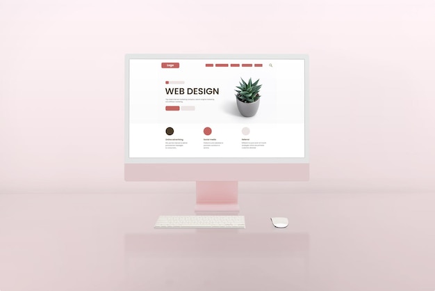 Estudio de diseño web con pantalla de computadora moderna y concepto de diseño de página web Pantalla rosa y fondo