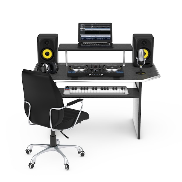 Estúdio doméstico moderno de gravação de música com equipamentos eletrônicos e instrumentos em um fundo branco. Renderização 3D