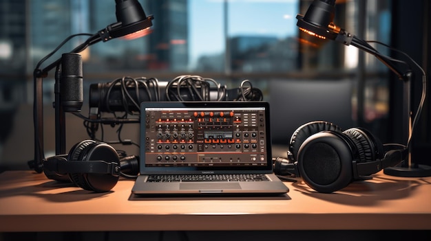Foto estúdio doméstico para gravar um podcast com uma variedade de equipamentos