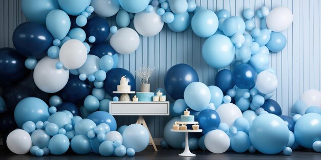 El estudio está decorado con globos azules de vacaciones